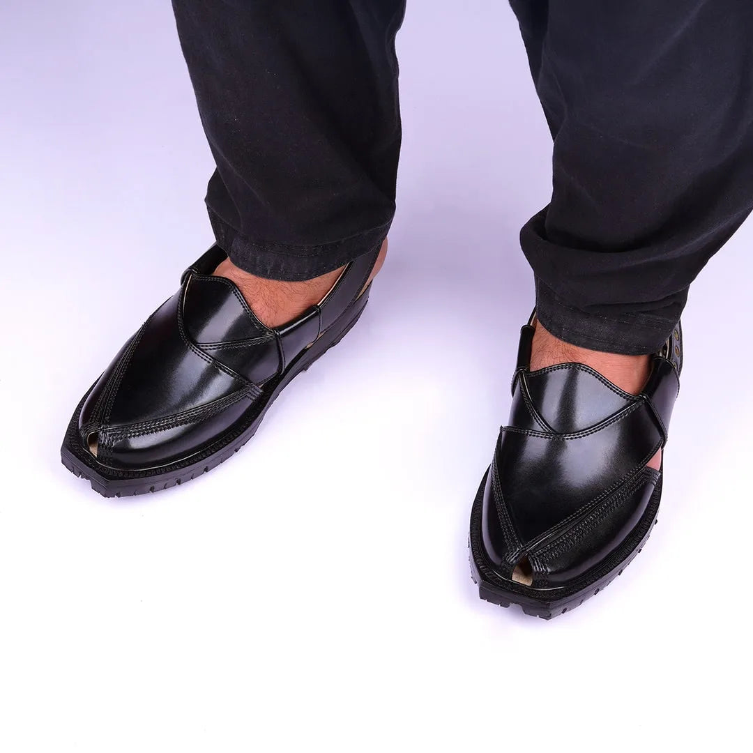 Jet Black DG KHAN Norozi Chappal with Double Sole
